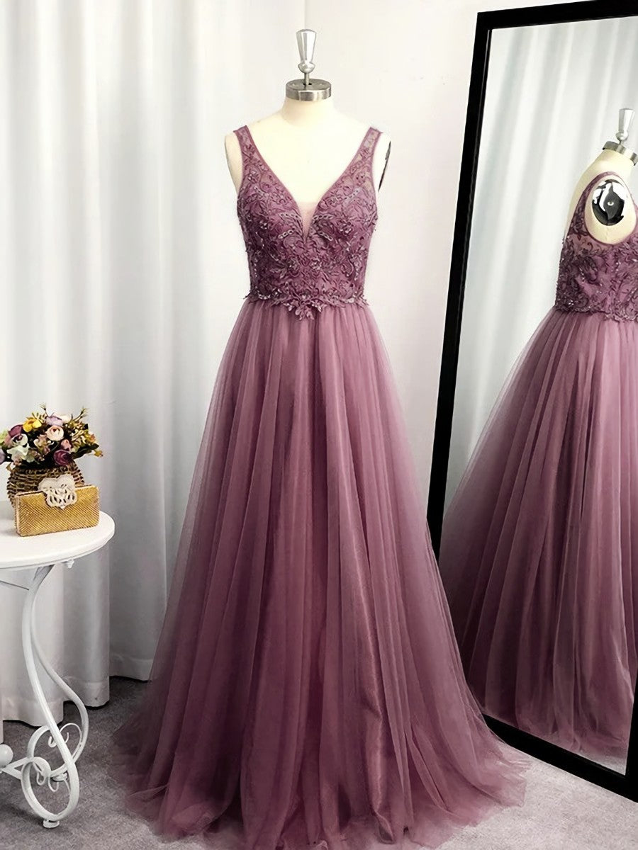 Bridesmaid Dress Different Styles, A-line V-neck Appliques Lace Floor-Length Tulle Dress