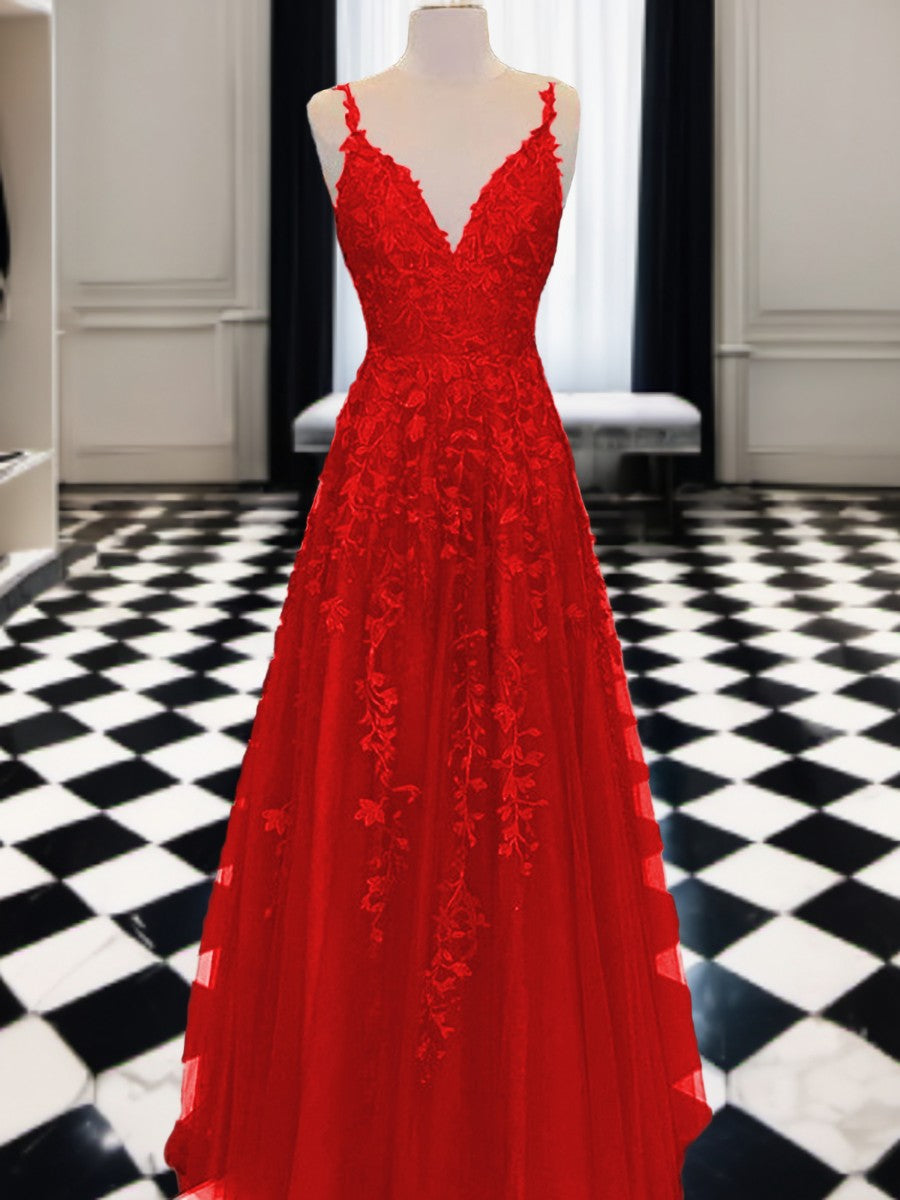 Bridesmaids Dresses Wedding, A-line V-neck Appliques Lace Floor-Length Tulle Dress