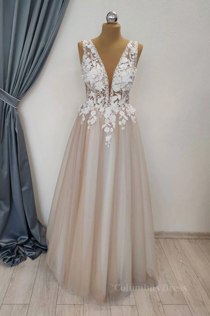 Prom Dress For Kids, A Line V Neck Appliques Lace Prom Dress, Lace Formal Graduation Evening Dress