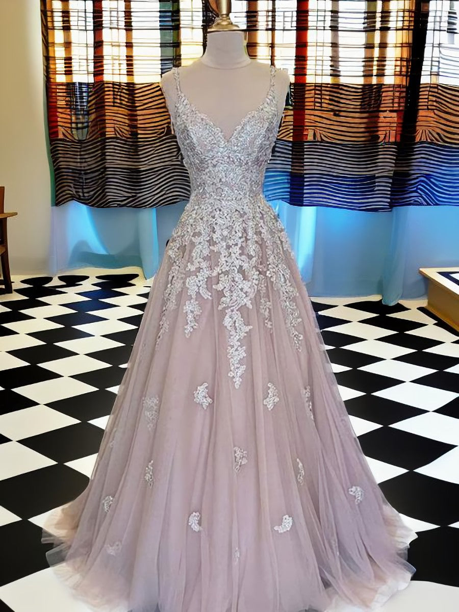 Bridesmaid Dress Color, A-line V-neck Appliques Lace Floor-Length Tulle Dress