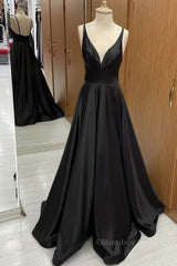 Bridesmaid Dressing Gowns, A Line V Neck Backless Black Long Prom Dresses, V Neck Black Formal Dresses, Backless Black Evening Dresses