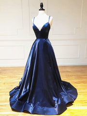 Prom Dress Black, A Line V Neck Backless Dark Navy Blue Prom Dresses, Open Back Navy Blue Formal Evening Dresses
