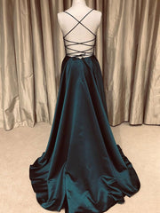 Party Dresses Winter, A Line V Neck Backless Long Prom Dresses Simple Dark Green Formal Evening Gowns