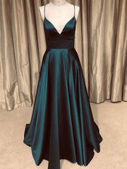 Party Dress Winter, A Line V Neck Backless Long Prom Dresses Simple Dark Green Formal Evening Gowns