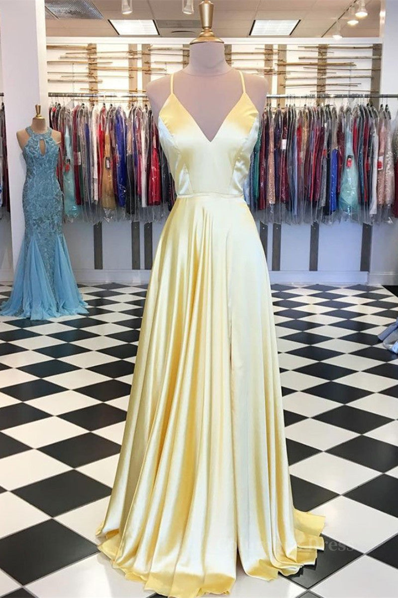 Bridesmaid Dresses Fall Colors, A Line V Neck Backless Yellow Satin Long Prom Dresses, Yellow Backless Formal Dresses, Yellow Evening Dresses