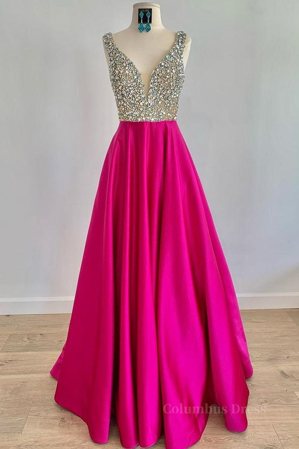 Evening Dress Elegant, A Line V Neck Beaded Fuchsia Long Prom Dress, V Neck Fuchsia Formal Dress, Beaded Fuchsia Evening Dress