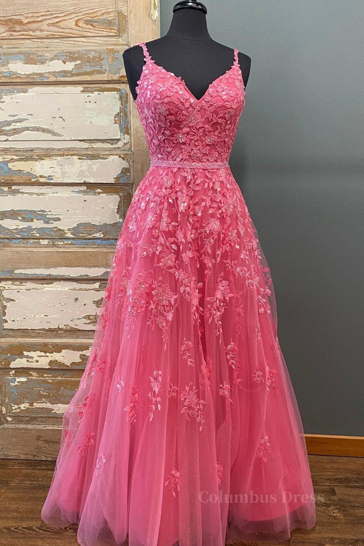 Bridesmaids Dress Cheap, A Line V Neck Beaded Hot Pink Lace Long Prom Dress, Hot Pink Lace Formal Graduation Evening Dress