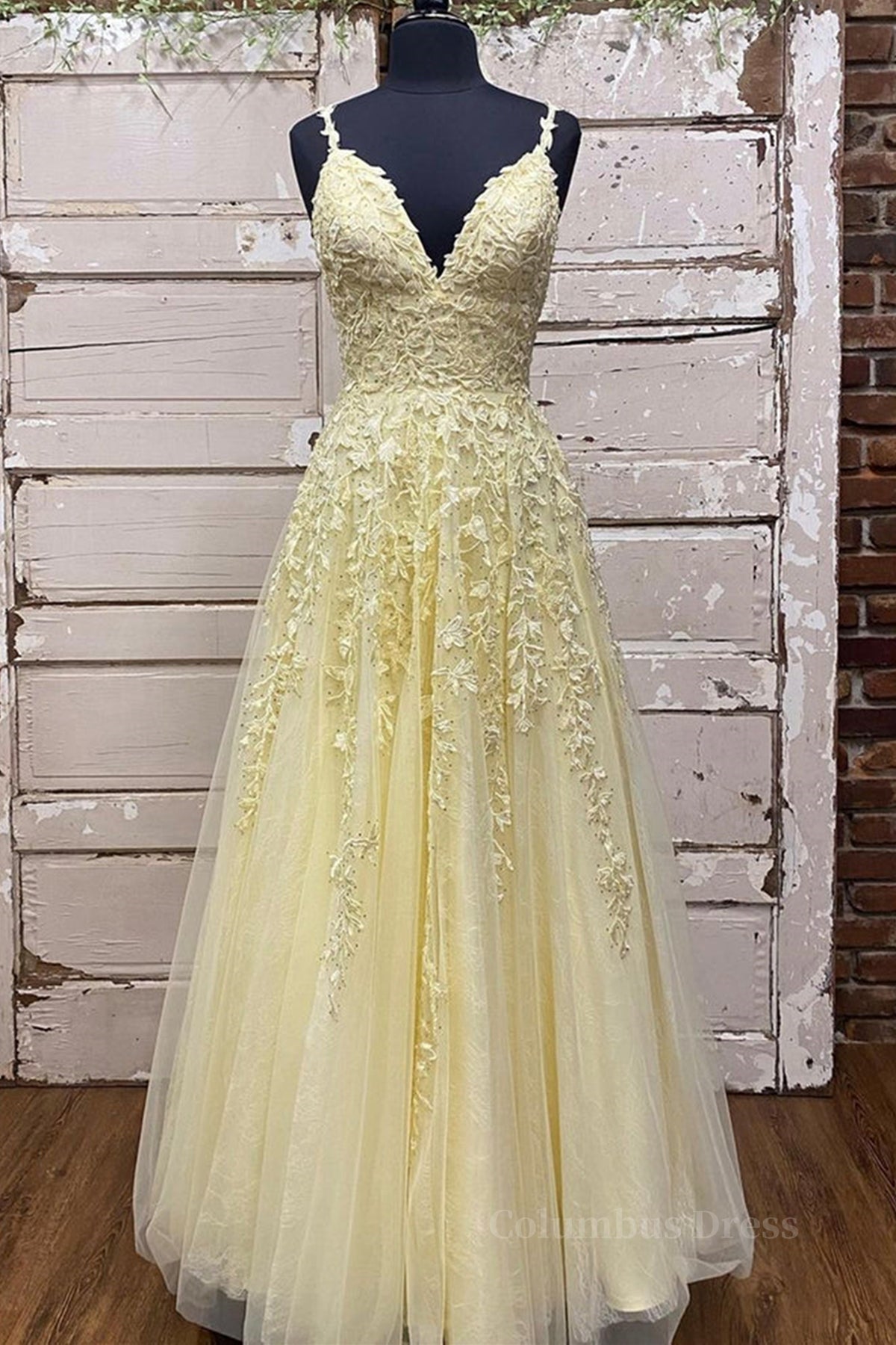 Bridesmaid Dress Styles Long, A Line V Neck Beaded Yellow Lace Tulle Long Prom Dress, Yellow Lace Formal Dress, Beaded Yellow Evening Dress