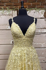 Bridesmaid Dress Style Long, A Line V Neck Beaded Yellow Lace Tulle Long Prom Dress, Yellow Lace Formal Dress, Beaded Yellow Evening Dress