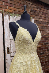 Bridesmaids Dress Beach, A Line V Neck Beaded Yellow Lace Tulle Long Prom Dress, Yellow Lace Formal Dress, Beaded Yellow Evening Dress