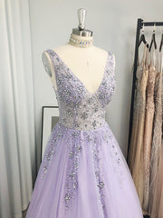 Bridesmaids Dresses Satin, A-line V-neck Beading Floor-Length Tulle Dress