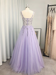 Bridesmaid Dress Satin, A-line V-neck Beading Floor-Length Tulle Dress