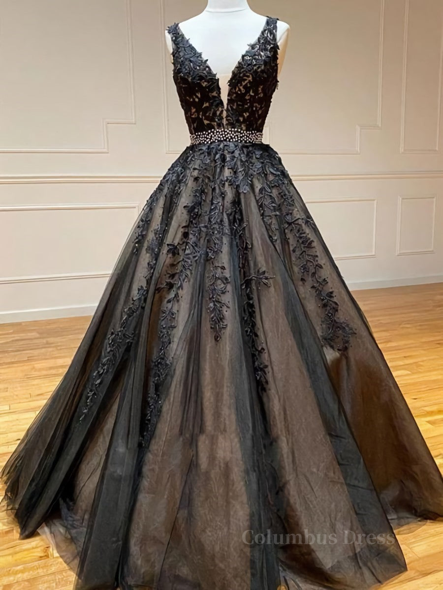 Unique Wedding Ideas, A Line V Neck Black Lace Prom Dresses, Black Lace Formal Evening Dresses