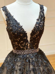 Bridesmaid Dress Dusty Rose, A Line V Neck Black Lace Prom Dresses, Black Lace Formal Evening Dresses