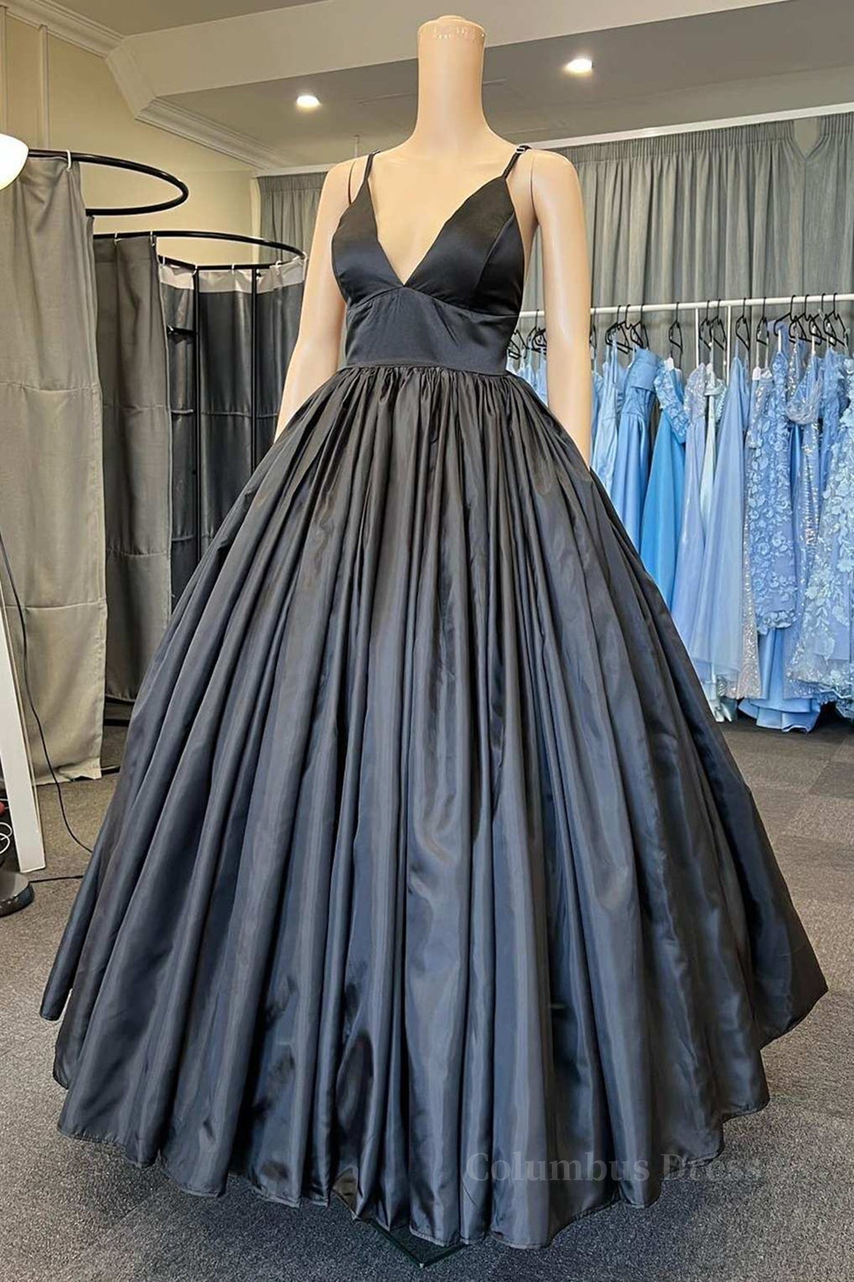 Bridesmaid Dress Neutral, A Line V Neck Black Satin Long Prom Dress with Pocket, V Neck Black Formal Graduation Evening Dress