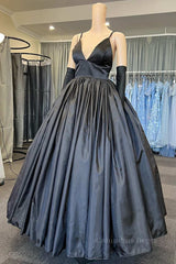 Bridesmaid Dress Sleeveless, A Line V Neck Black Satin Long Prom Dress with Pocket, V Neck Black Formal Graduation Evening Dress