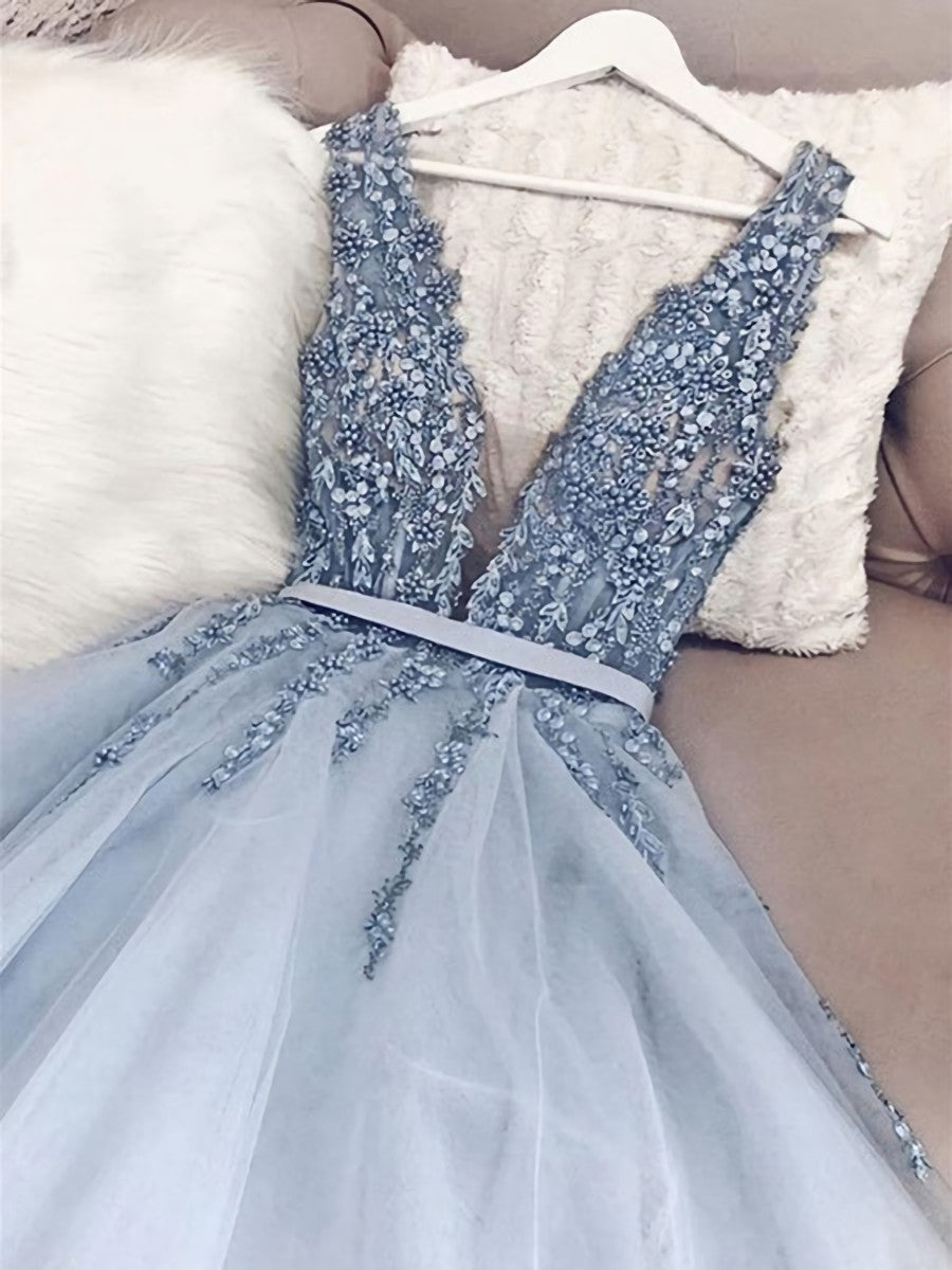 Formal Dress Inspo, A Line V Neck Blue Beaded Long Prom Dresses, Blue Beaded Long Formal Evening Dresses