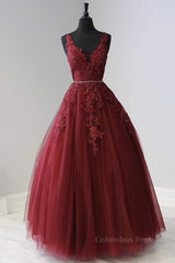 Evening Dress Long, A Line V Neck Burgundy Lace Prom Dresses, Burgundy Lace Formal Dresses, Burgundy Evening Dresses