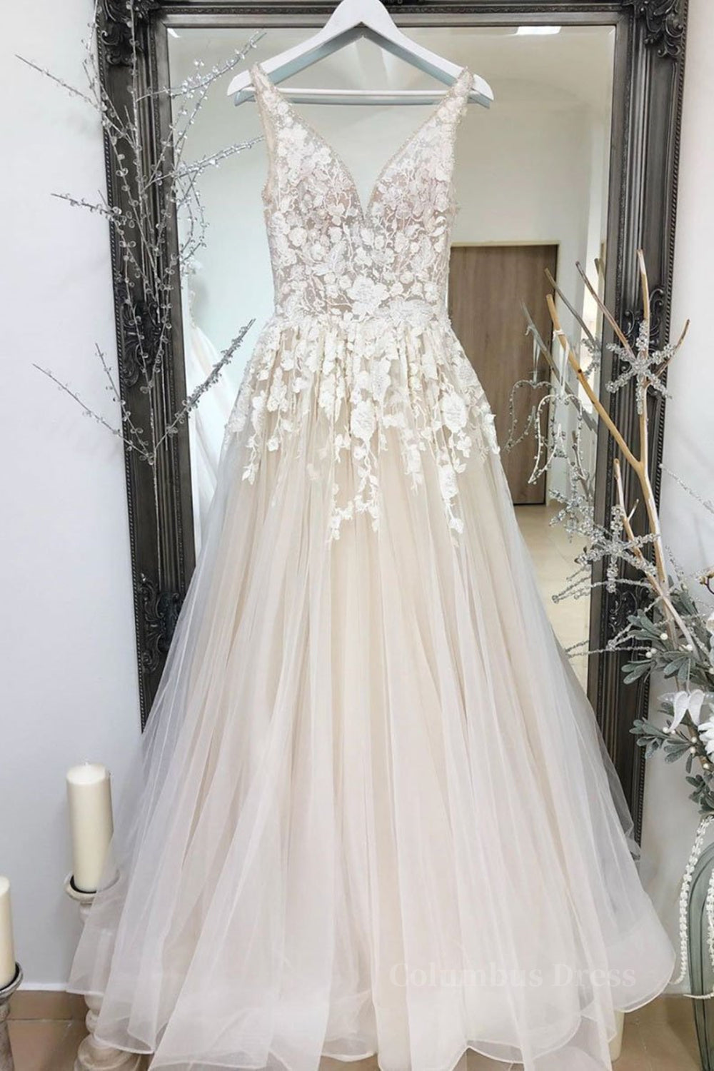 Prom Dress Aesthetic, A Line V Neck Champagne Lace Long Prom Dresses, Champagne Lace Formal Dresses, Champagne Evening Dresses