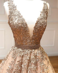 Party Dress Europe, A Line V Neck Champagne Lace Prom Dresses, V Neck Champagne Lace Formal Graduation Evening Dresses