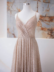 Bridesmaid Dress Ideas, A Line V Neck Champagne Long Prom Dresses, Shiny Tulle Champagne Evening Dress