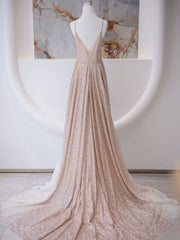 Bridesmaid Dresses Long, A Line V Neck Champagne Long Prom Dresses, Shiny Tulle Champagne Evening Dress