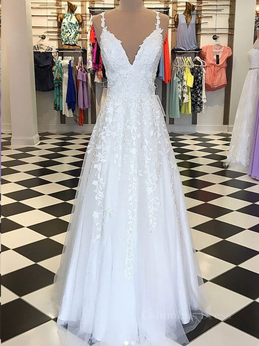 Bridesmaid Dress Inspo, A Line V Neck Floor Length Lace White Long Prom Dresses, White Lace Formal Dresses, V Neck White Evening Dresses