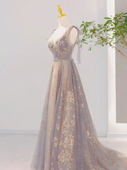 Gold Dress, A-Line V Neck Gray Long Prom Dress, Tulle Sequin Lace Long Forma Dresses