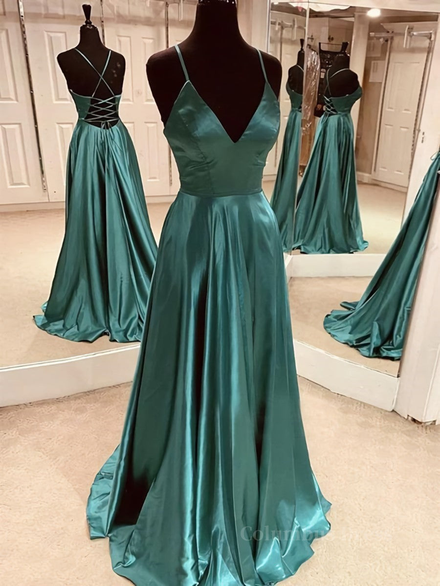 Blue Bridesmaid Dress, A Line V Neck Green Satin Long Prom Dresses, Backless Green Long Formal Evening Dresses