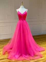 Gala Dress, A Line V Neck Hot Pink Long Prom Dresses, V Neck Hot Pink Long Formal Evening Dresses