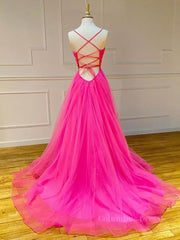 Rustic Wedding Dress, A Line V Neck Hot Pink Long Prom Dresses, V Neck Hot Pink Long Formal Evening Dresses