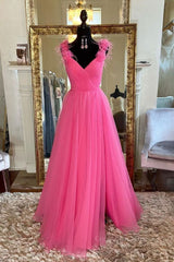 Evening Dress Shops Near Me, A Line V Neck Hot Pink Tulle Long Prom Dress with Slit, Hot Pink Formal Graduation Evening Dress