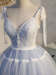 Bridesmaid Dresses Different Style, A Line V Neck Lace Blue Short Prom Dresses, Blue Puffy Homecoming Dresses