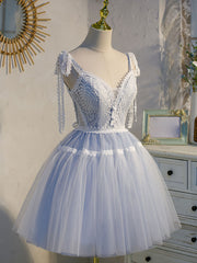 Bridesmaid Dress Inspo, A Line V Neck Lace Blue Short Prom Dresses, Blue Puffy Homecoming Dresses