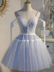 Bridesmaids Dresses Different Styles, A Line V Neck Lace Blue Short Prom Dresses, Blue Puffy Homecoming Dresses