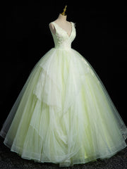 Evening Dress Shops, A-Line V Neck Lace Tulle Green Long Prom Dress, Green Sweet 16 Dress