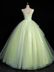 Evening Dress Near Me, A-Line V Neck Lace Tulle Green Long Prom Dress, Green Sweet 16 Dress