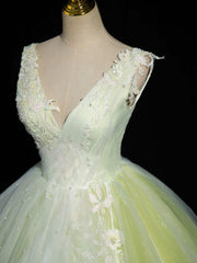 Evening Dresses Near Me, A-Line V Neck Lace Tulle Green Long Prom Dress, Green Sweet 16 Dress