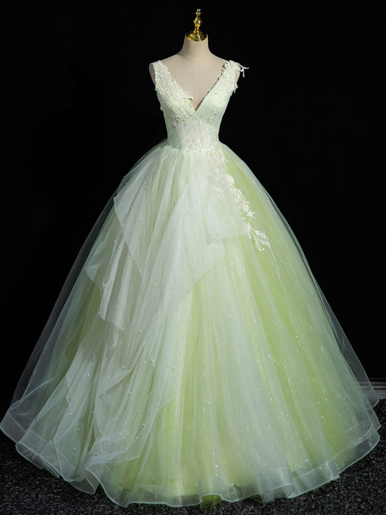 Evening Dress Shopping, A-Line V Neck Lace Tulle Green Long Prom Dress, Green Sweet 16 Dress