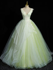 Evening Dress Shopping, A-Line V Neck Lace Tulle Green Long Prom Dress, Green Sweet 16 Dress