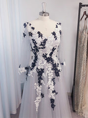 Bridesmaides Dresses Summer, A-line V-neck Long Sleeves Appliques Lace Floor-Length Tulle Dress