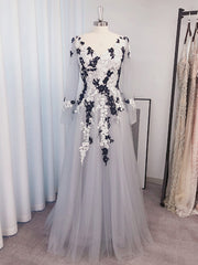 Bridesmaid Dress Summer, A-line V-neck Long Sleeves Appliques Lace Floor-Length Tulle Dress