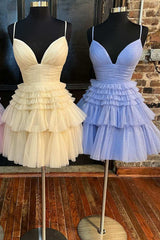 Homecoming Dress Shorts, A-Line V-Neck Multi-Tiered Short Party Dress,Light Pink Cocktail Dresses Short