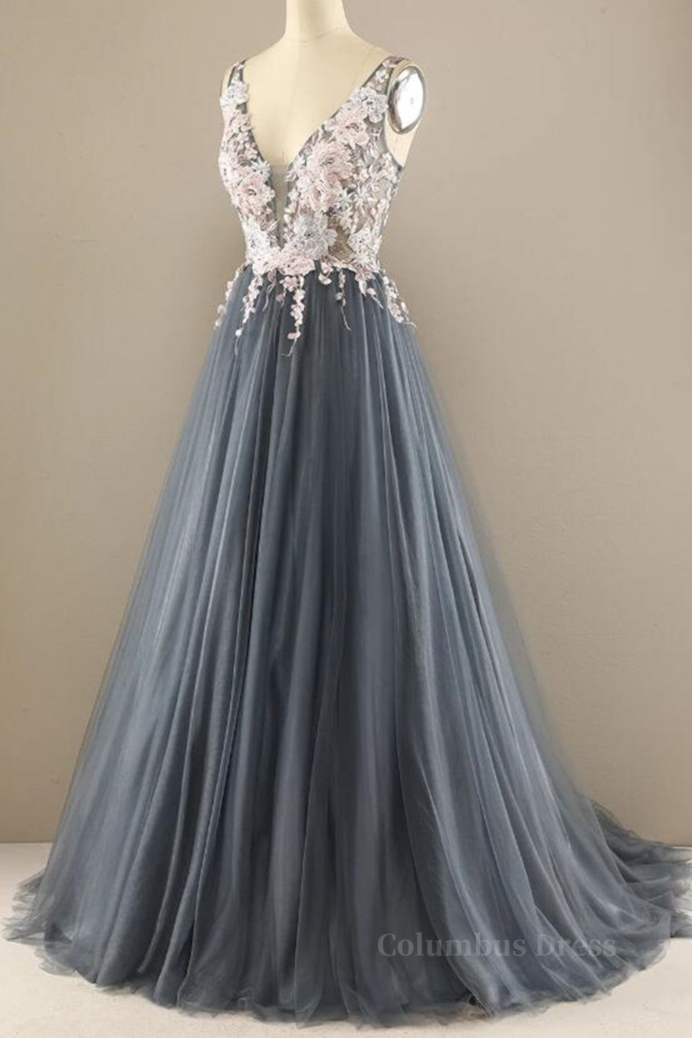 Formal Dressing Style, A Line V Neck Open Back Appliques Gray Long Prom Dresses, V Neck Grey Formal Dresses, Gray Evening Dresses