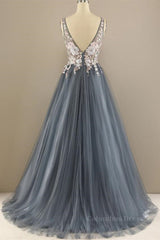 Formal Dress Style, A Line V Neck Open Back Appliques Gray Long Prom Dresses, V Neck Grey Formal Dresses, Gray Evening Dresses