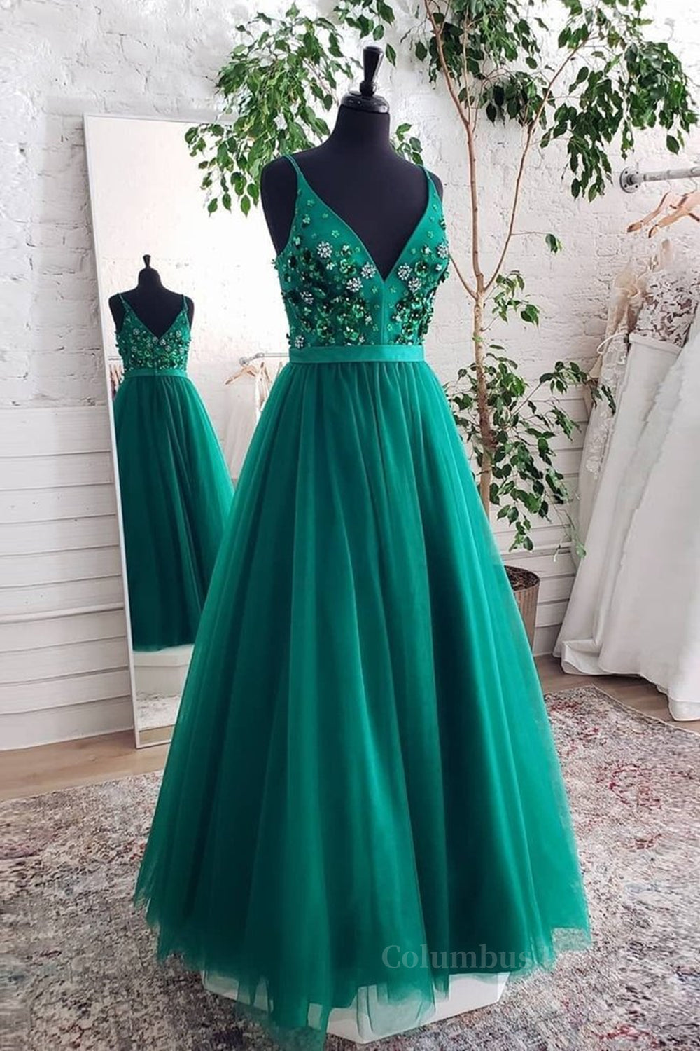 Long Sleeve Prom Dress, A Line V Neck Open Back Green Floral Long Prom Dresses, Open Back Green Formal Evening Dresses