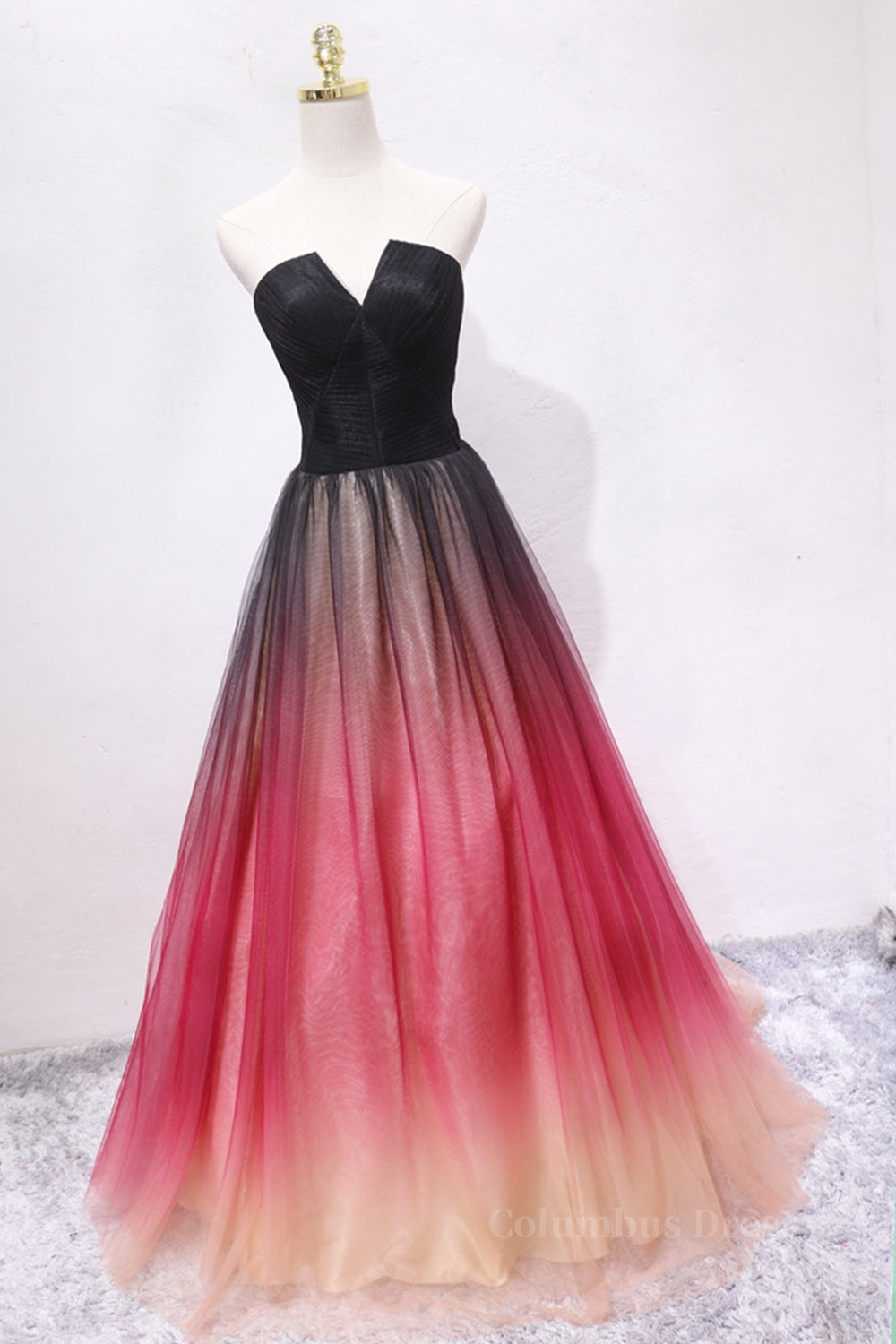 Vintage Prom Dress, A Line V Neck Open Back Ombre Long Prom Dress, Backless Ombre Formal Graduation Evening Dress