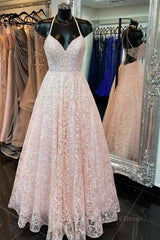 Light Blue Prom Dress, A Line V Neck Open Back Pink Lace Long Prom Dress, Pink Lace Formal Graduation Evening Dress