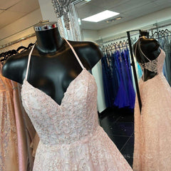 Silk Dress, A Line V Neck Open Back Pink Lace Long Prom Dress, Pink Lace Formal Graduation Evening Dress