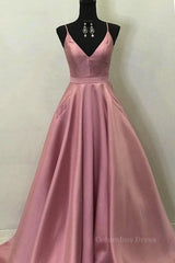 Long Black Dress, A Line V Neck Open Back Pink Satin Long Prom Dresses, Open Back Pink Formal Graduation Evening Dresses